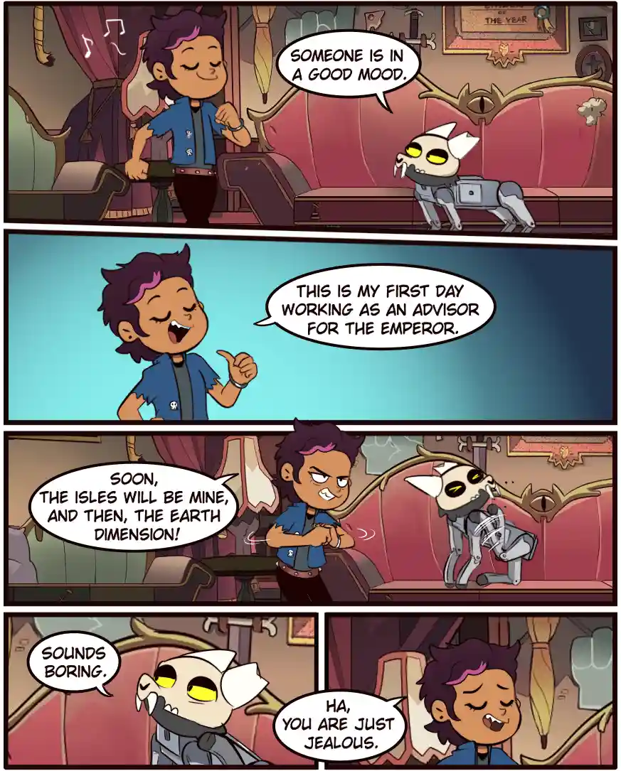 A four-panel comic strip from 'The Owl House' shows Luz Noceda excitedly announcing her new job as an emperor's advisor…