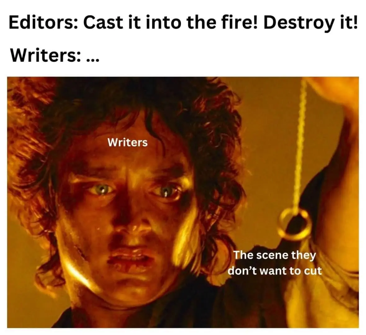 The image shows a close-up of Frodo Baggins from 'The Lord of the Rings' holding the One Ring, looking distressed and…