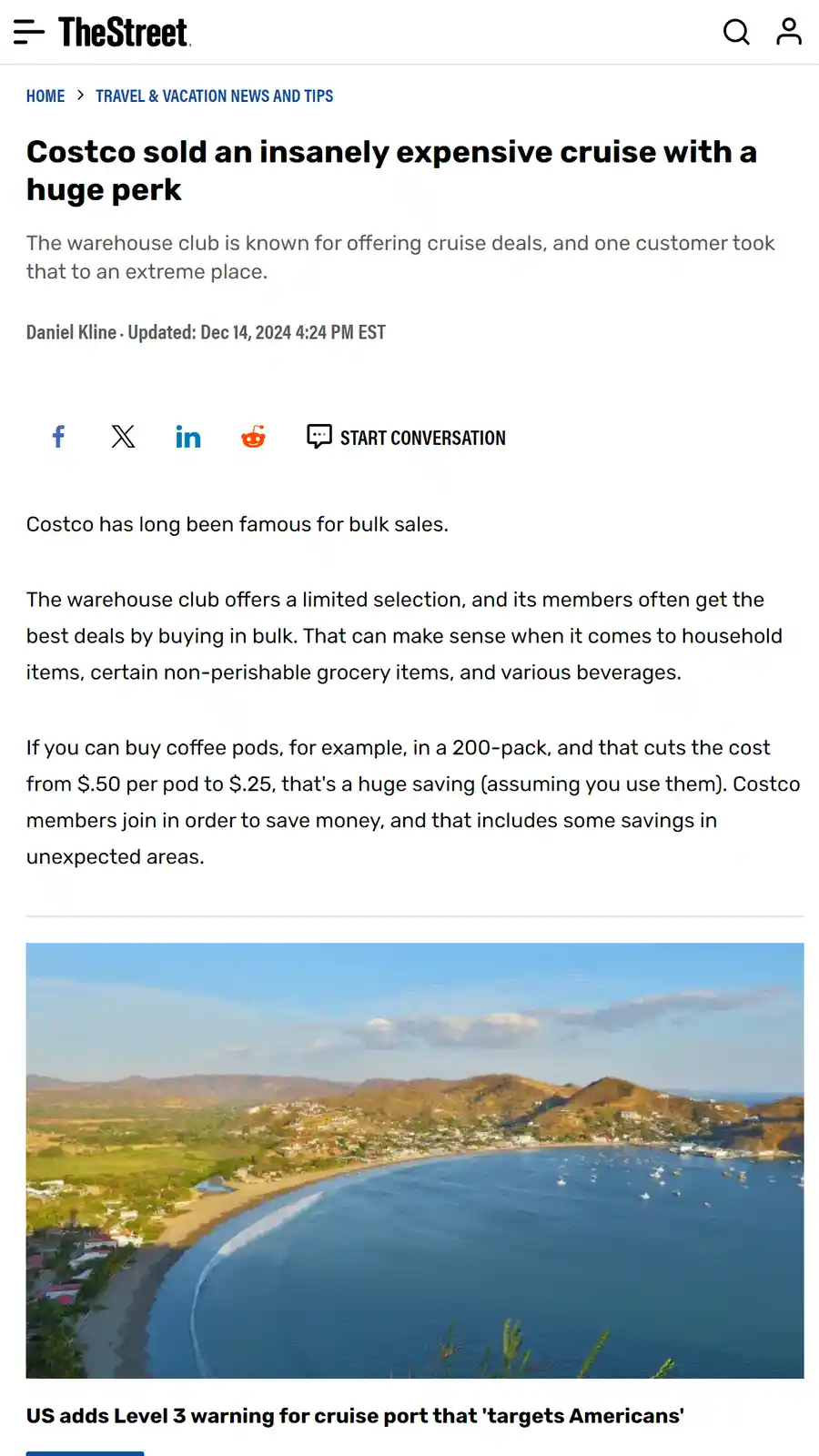 The image is a screenshot of a TheStreet news article about Costco selling an expensive cruise. The article's headline is…