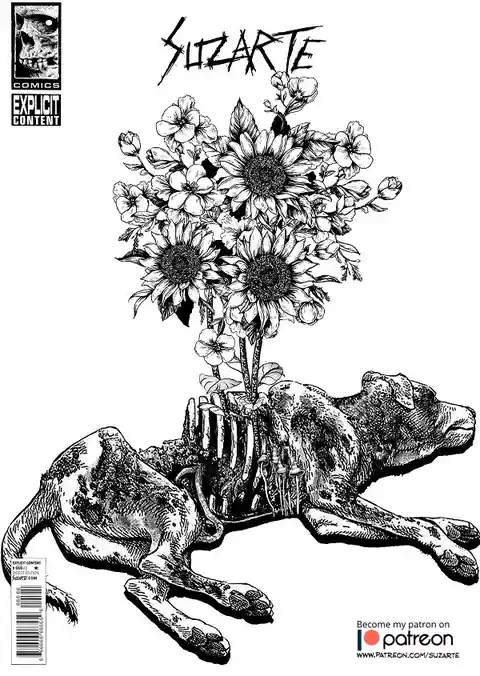 A black-and-white comic book cover by Suzarte shows a dead dog lying on its side with its ribcage exposed, from which a…