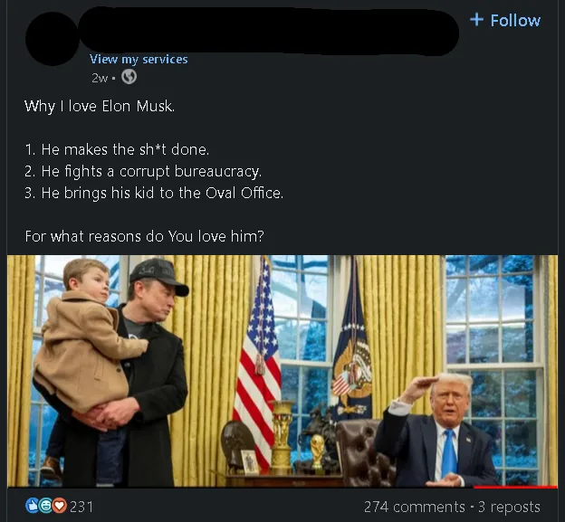 A screenshot of a social media post showing a man holding a child in the Oval Office, with Donald Trump saluting in the…