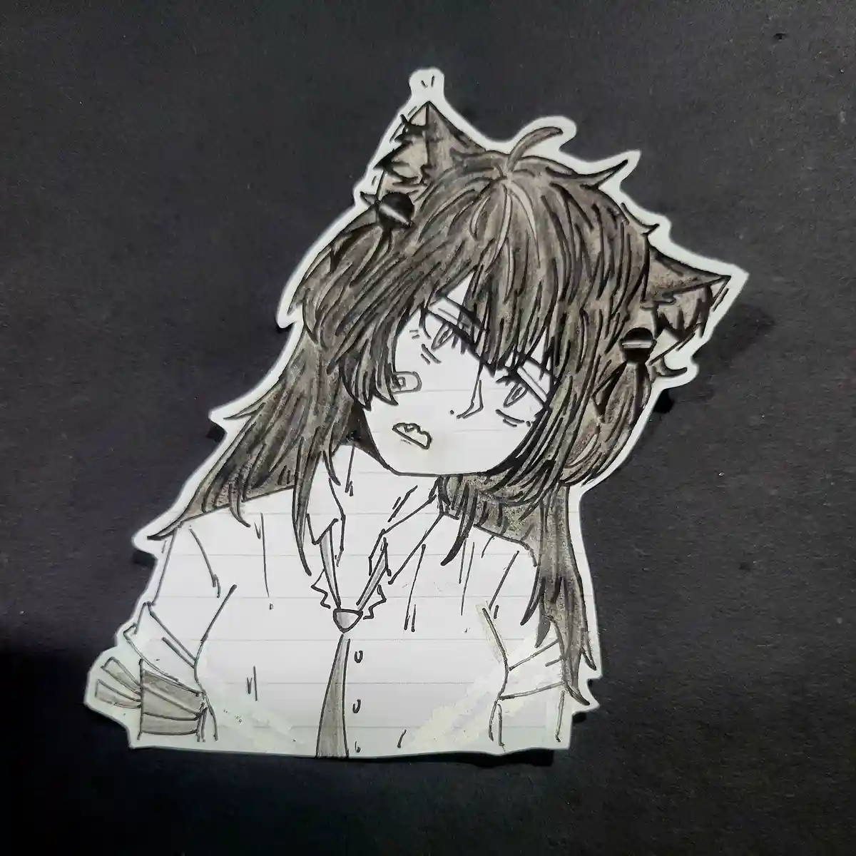 A hand-drawn anime-style sticker of a character with wolf ears and messy hair, wearing a collared shirt, is shown against a…