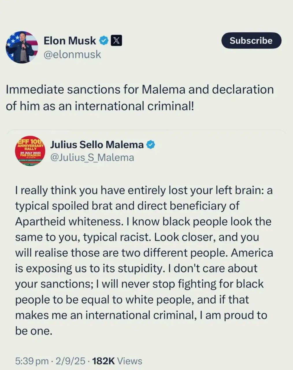 A screenshot of a social media post by Elon Musk calling for sanctions against Julius Malema, followed by a reply from…