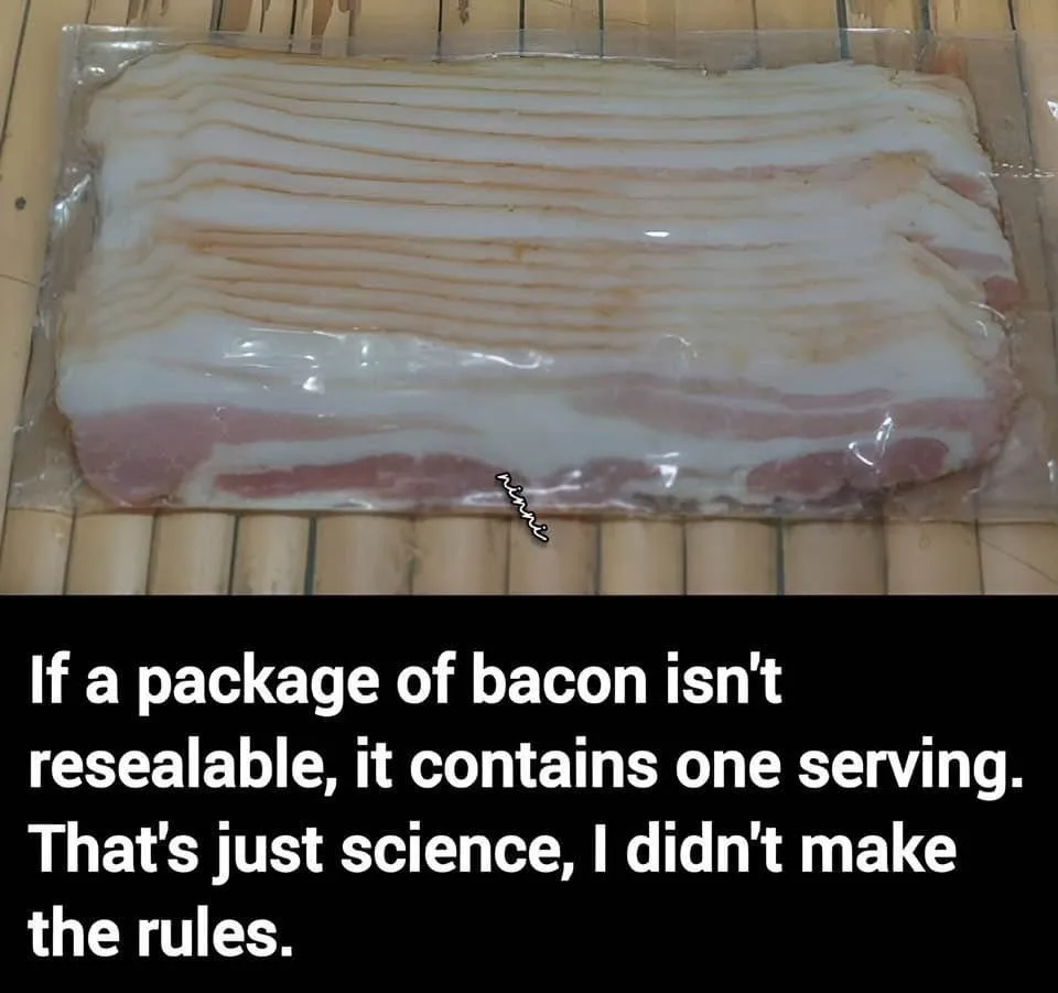 A package of raw bacon in clear plastic wrap sits on a bamboo mat. The text overlay reads: 'If a package of bacon isn't…