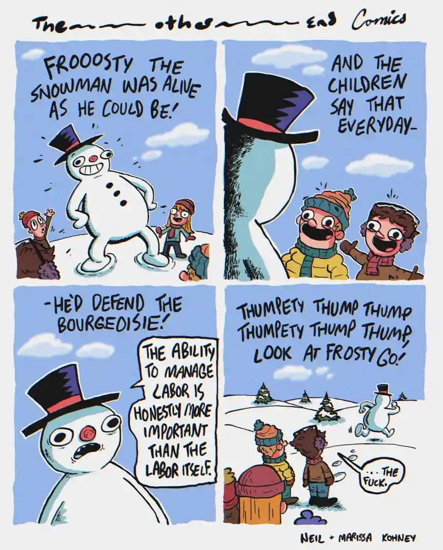 A four-panel comic strip by 'The Other Ed Comics' shows a snowman named Frooosty who is alive and running away from…