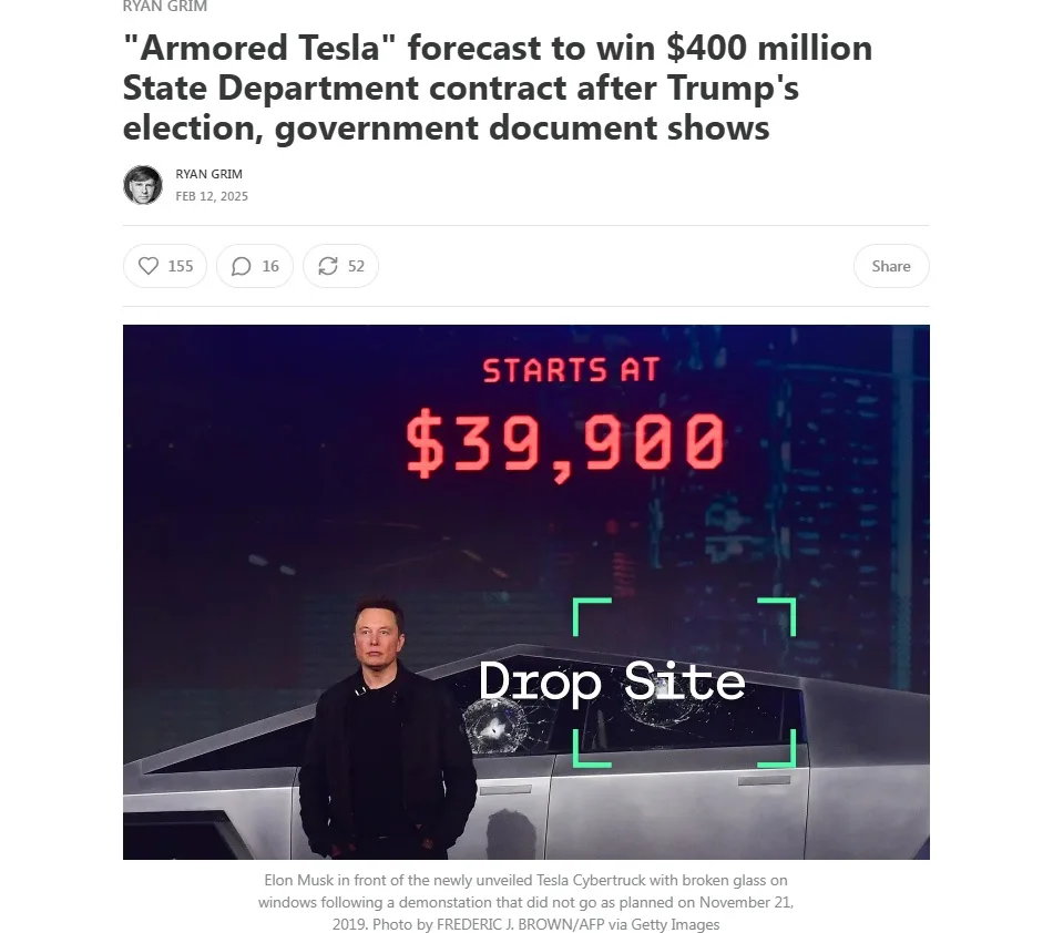 An image of Elon Musk standing in front of a Tesla Cybertruck with shattered windows, overlaid with the text 'Drop Site' and…