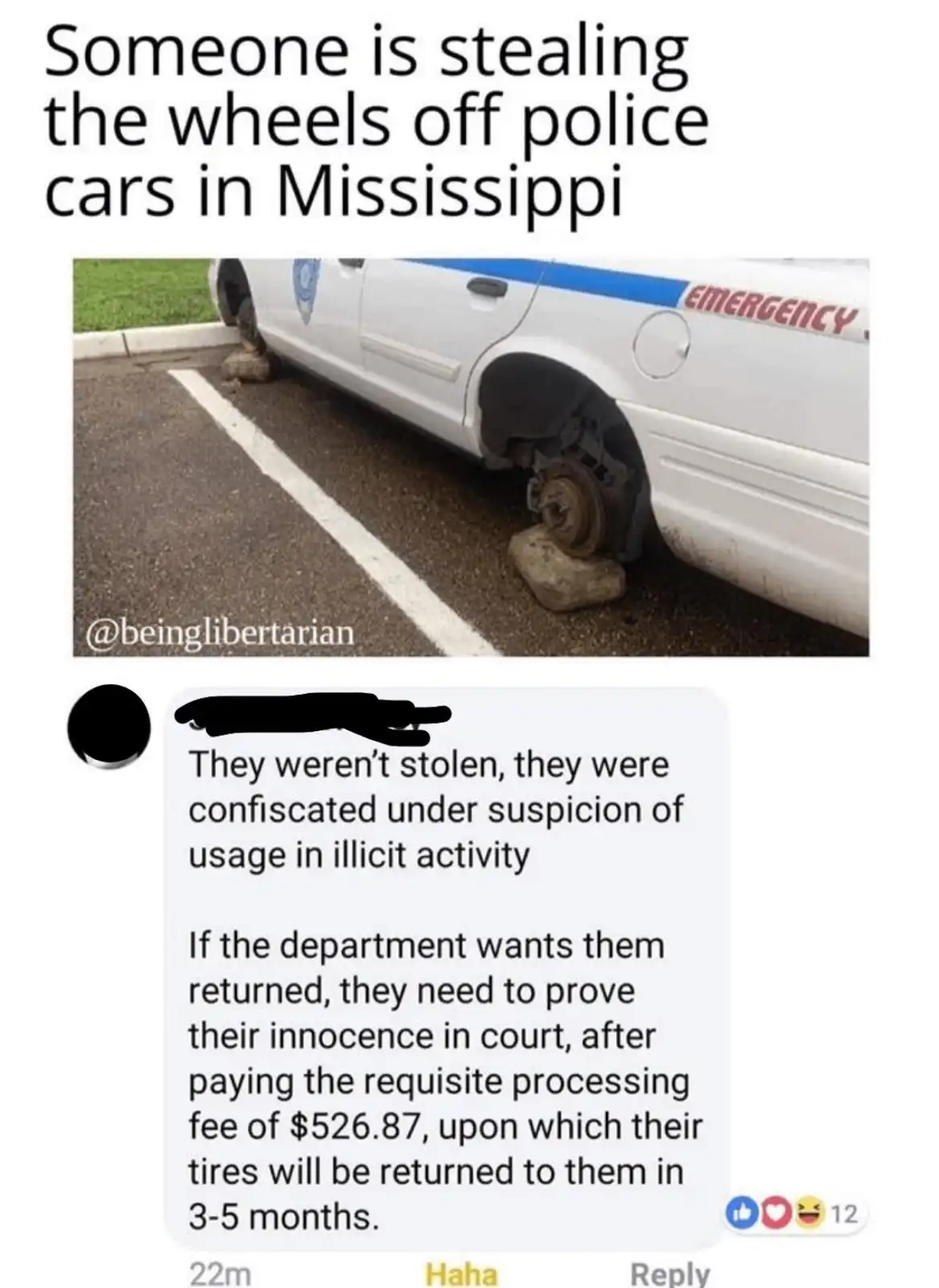 A photo shows a white police car with its front wheels missing and replaced by rocks, parked in a lot. Overlaid text claims…