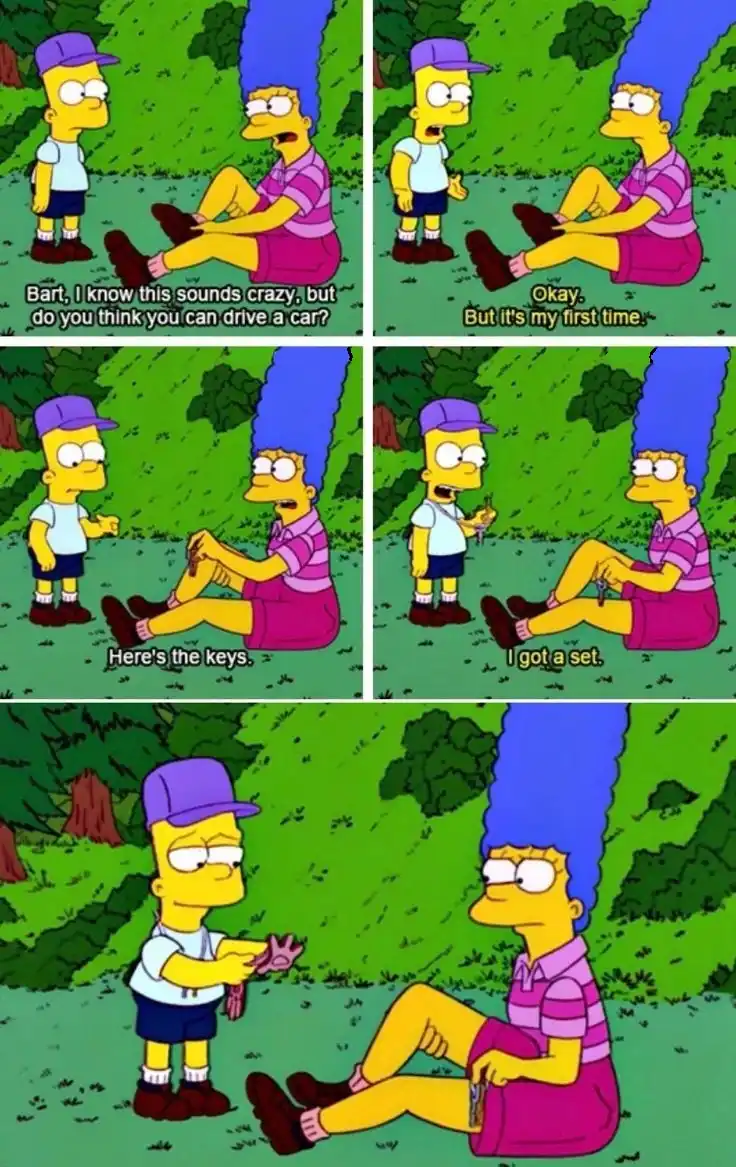 A six-panel comic strip from The Simpsons shows Marge Simpson nervously asking her son Bart if he thinks he can drive a car…