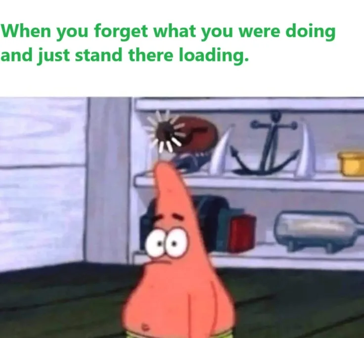 The image shows Patrick Star from SpongeBob SquarePants standing in a room with shelves behind him, looking confused and…