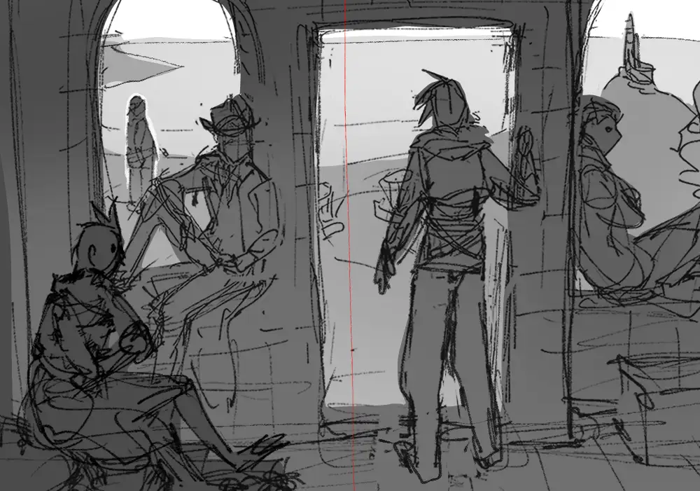 A rough, grayscale sketch depicts three stylized characters in a room with arched doorways. One character sits on the left…