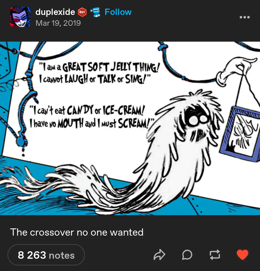 A black-and-white comic panel shows a fluffy, ghost-like creature with wide eyes and no mouth, floating in blue water. Two…