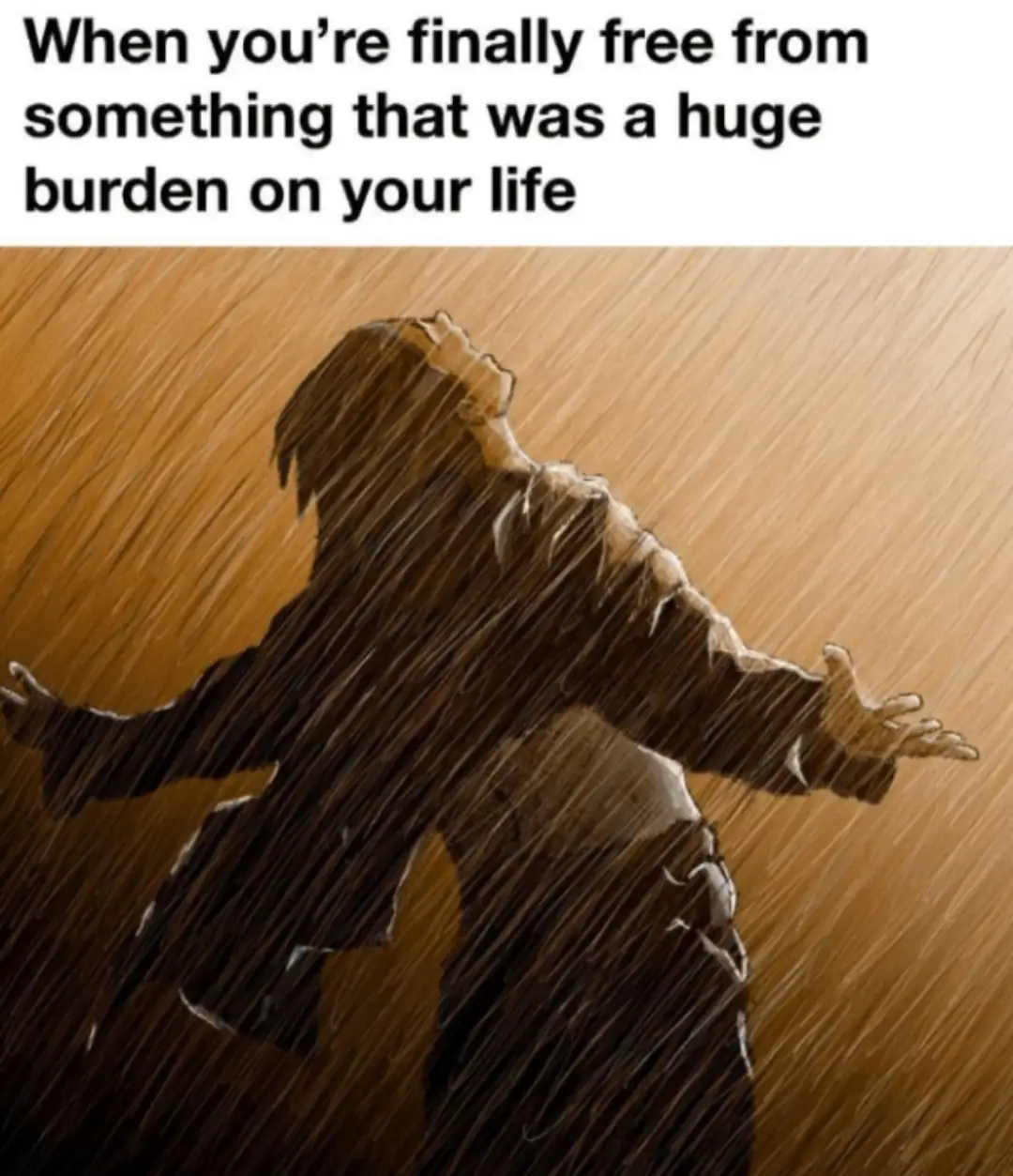 An illustrated person with arms outstretched stands in heavy rain, looking upward with a sense of liberation. The overlaid…