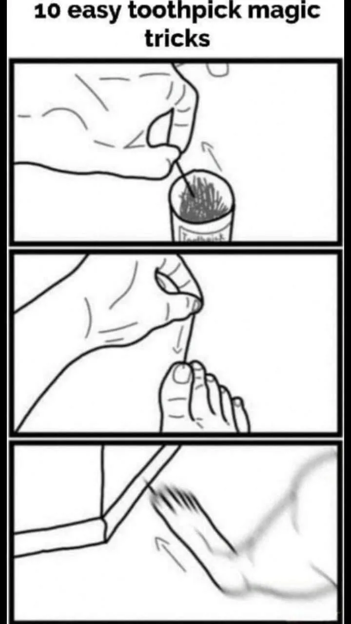 A three-panel black-and-white comic strip titled '10 easy toothpick magic tricks' shows a hand pulling a toothpick from a…