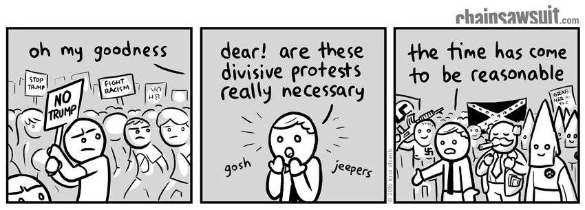 A three-panel comic strip shows a crowd protesting with signs reading 'NO TRUMP', 'FIGHT RACISM', and 'NO H8'. A shocked…