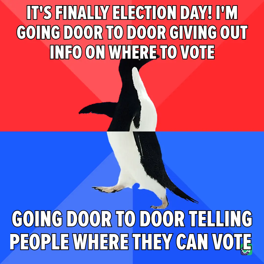 A penguin stands upright against a red and blue background, with white text overlaid in two sections. The top text reads…