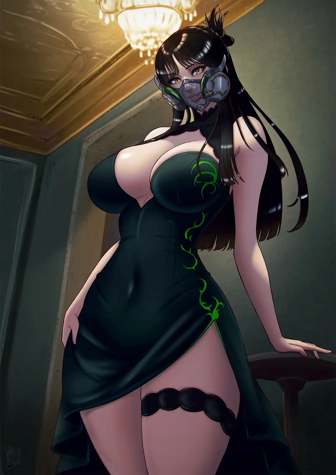 An anime-style illustration of a woman with long black hair wearing a revealing black dress with green tribal patterns and a…