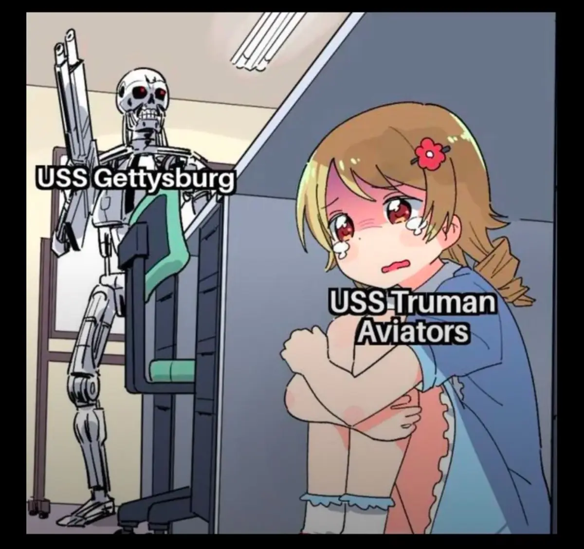 An anime-style girl with a distressed expression and tears, labeled 'USS Truman Aviators,' stands beside a menacing…