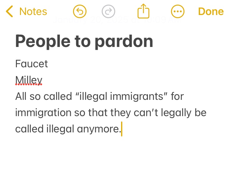 A screenshot of a mobile notes app shows a list titled 'People to pardon' with 'Faucet' and 'Milley' listed, followed by a…