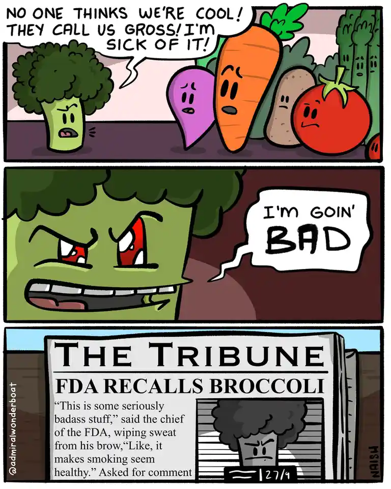 A three-panel comic strip featuring anthropomorphic vegetables. In the first panel, broccoli, carrot, radish, potato, and…