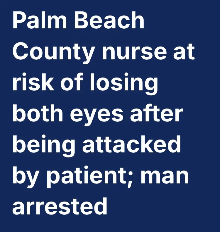 The image is a solid dark blue background with large white text that reads: 'Palm Beach County nurse at risk of losing both…