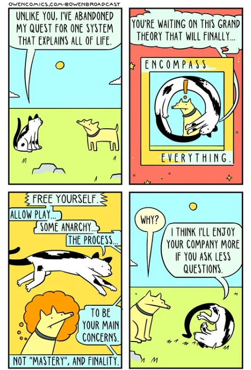 A four-panel comic strip featuring a cat and a dog. The cat, initially seeking a grand unifying theory of life, abandons…