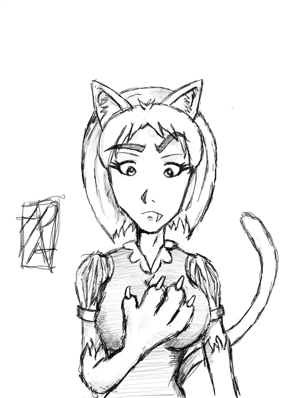 A black-and-white sketch shows an anime-style girl with cat ears and a tail, wearing a costume, looking shocked with her…