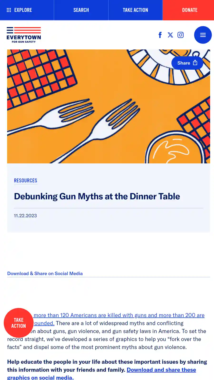 An Everytown for Gun Safety webpage features a colorful illustration of forks, plates, and checkered tablecloth, overlaid…