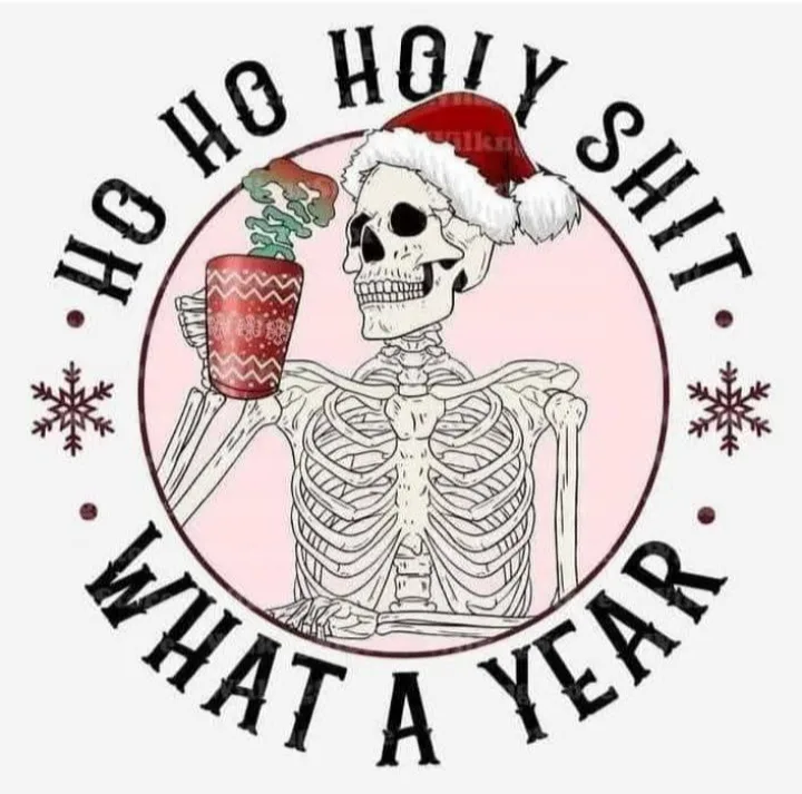 A skeleton wearing a red and white Santa hat holds a steaming red mug with a zigzag pattern. The skeleton is centered within…