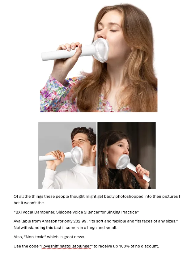The image shows three people using a white silicone vocal dampener over their mouths while singing. The top photo features a…