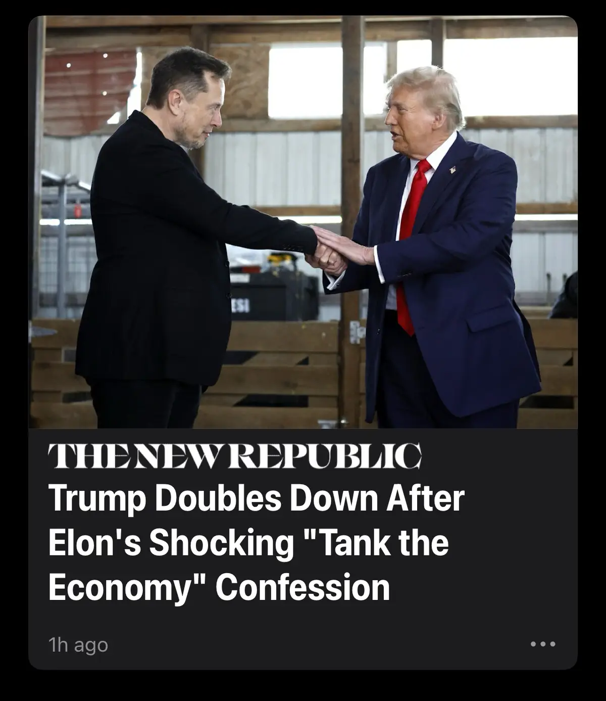Two men, identified as Elon Musk and Donald Trump, are shaking hands in what appears to be a barn or industrial setting. The…