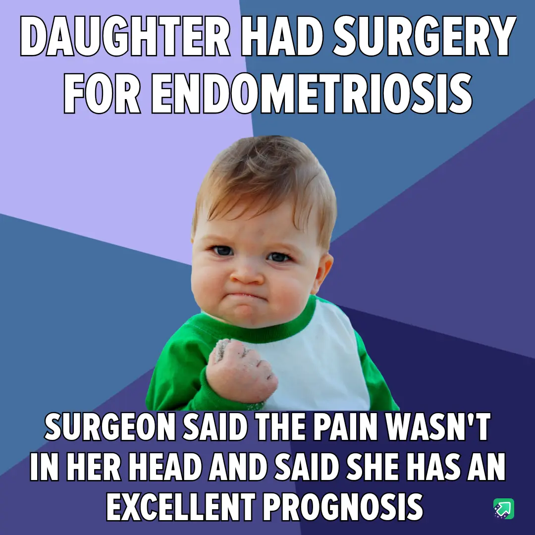 A baby with a scrunched face and clenched fist is overlaid with text stating 'DAUGHTER HAD SURGERY FOR ENDOMETRIOSIS' at the…