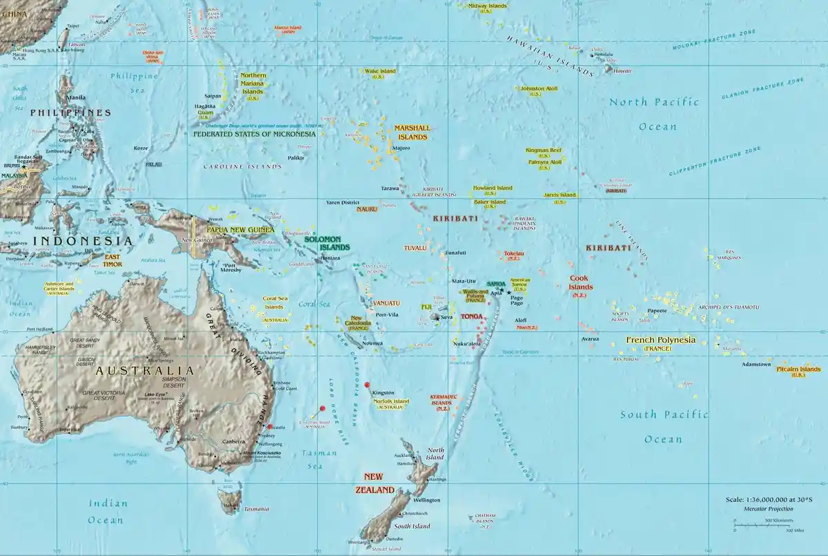 A detailed map of the Pacific Ocean showing numerous islands, archipelagos, and countries like Australia, New Zealand, Papua…