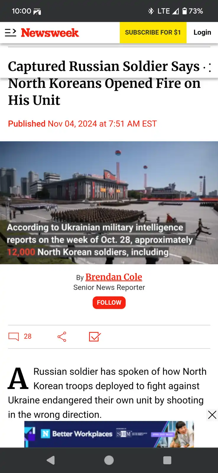 A screenshot of a Newsweek article titled 'Captured Russian Soldier Says : North Koreans Opened Fire on His Unit' with a…