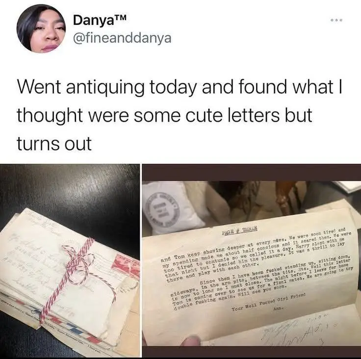 A tweet from Danya™ shows two photos: one of a stack of vintage letters tied with red string, and another of an open letter…