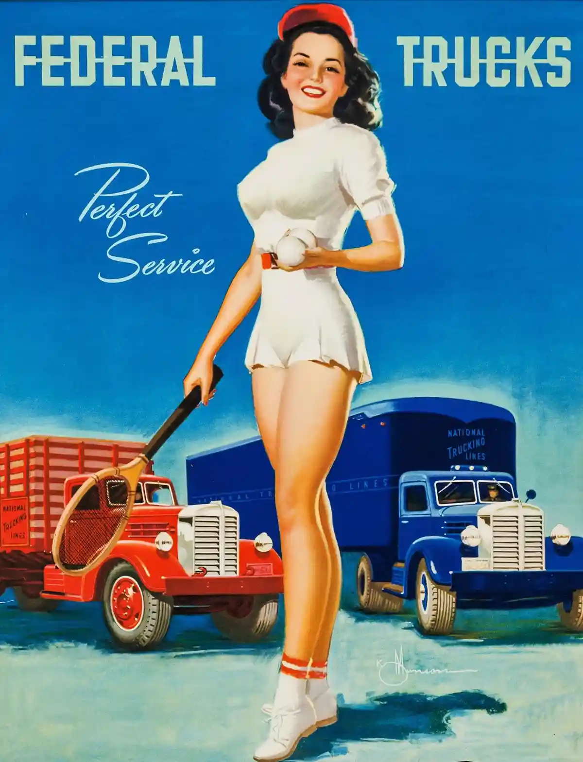 A vintage 1940s pin-up style advertisement for Federal Trucks features a smiling woman in a white tennis outfit and red cap…