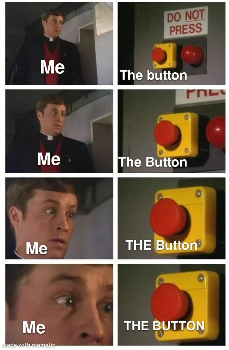 A six-panel meme grid shows a man in a priest's collar progressively zooming in on his horrified face as he stares at a red…