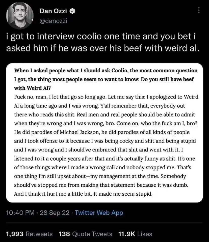 A screenshot of a Twitter post by Dan Ozzi showing a quote from Coolio in which he admits he was wrong for having a beef…