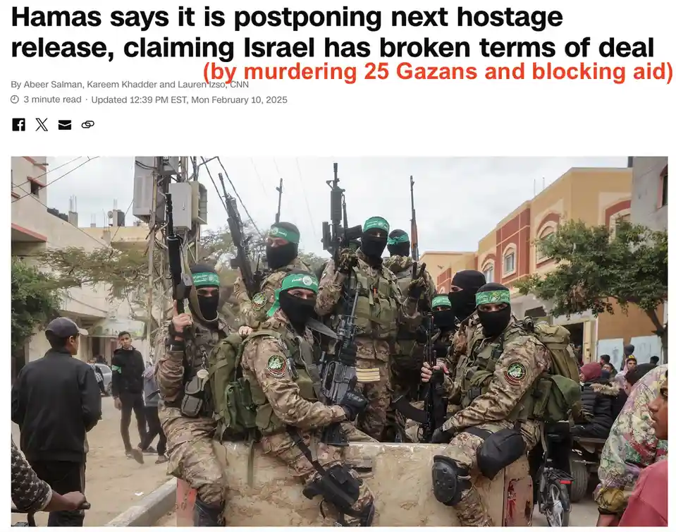 A screenshot of a CNN news article header with a photo of armed Hamas militants in camouflage uniforms and green headbands…