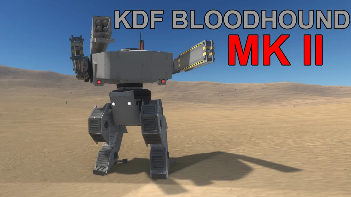 A gray, bipedal mech with articulated limbs and mounted weaponry stands in a desert landscape under a clear blue sky. The…