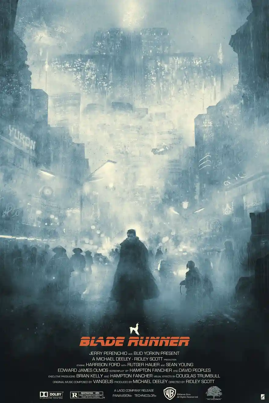 A movie poster for 'Blade Runner' depicts a rainy, dystopian cityscape with a lone man in a trench coat walking down a…