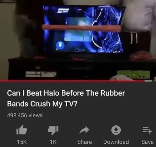 A television screen displaying a Halo game is visibly being crushed by two horizontal rubber bands stretched across its top…