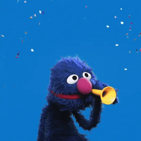 A six-panel image shows the blue Muppet character Grover against a blue background with falling confetti. In the top row, he…