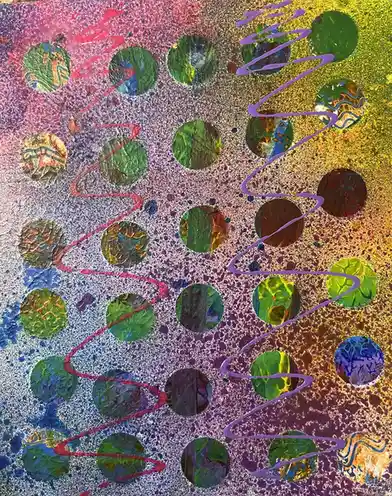 An abstract painting with a textured, speckled background in shifting hues of pink, purple, blue, and gold. Numerous…