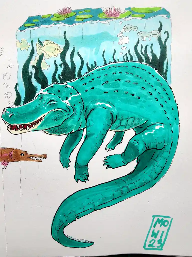 A hand-drawn watercolor illustration shows a large, turquoise alligator with its eyes closed and mouth slightly open…