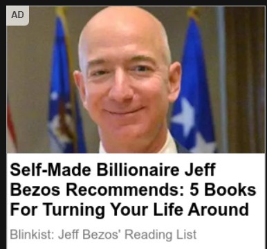 A cropped image of Jeff Bezos smiling, with two blue flags visible behind him. Overlaid text reads 'Self-Made Billionaire…