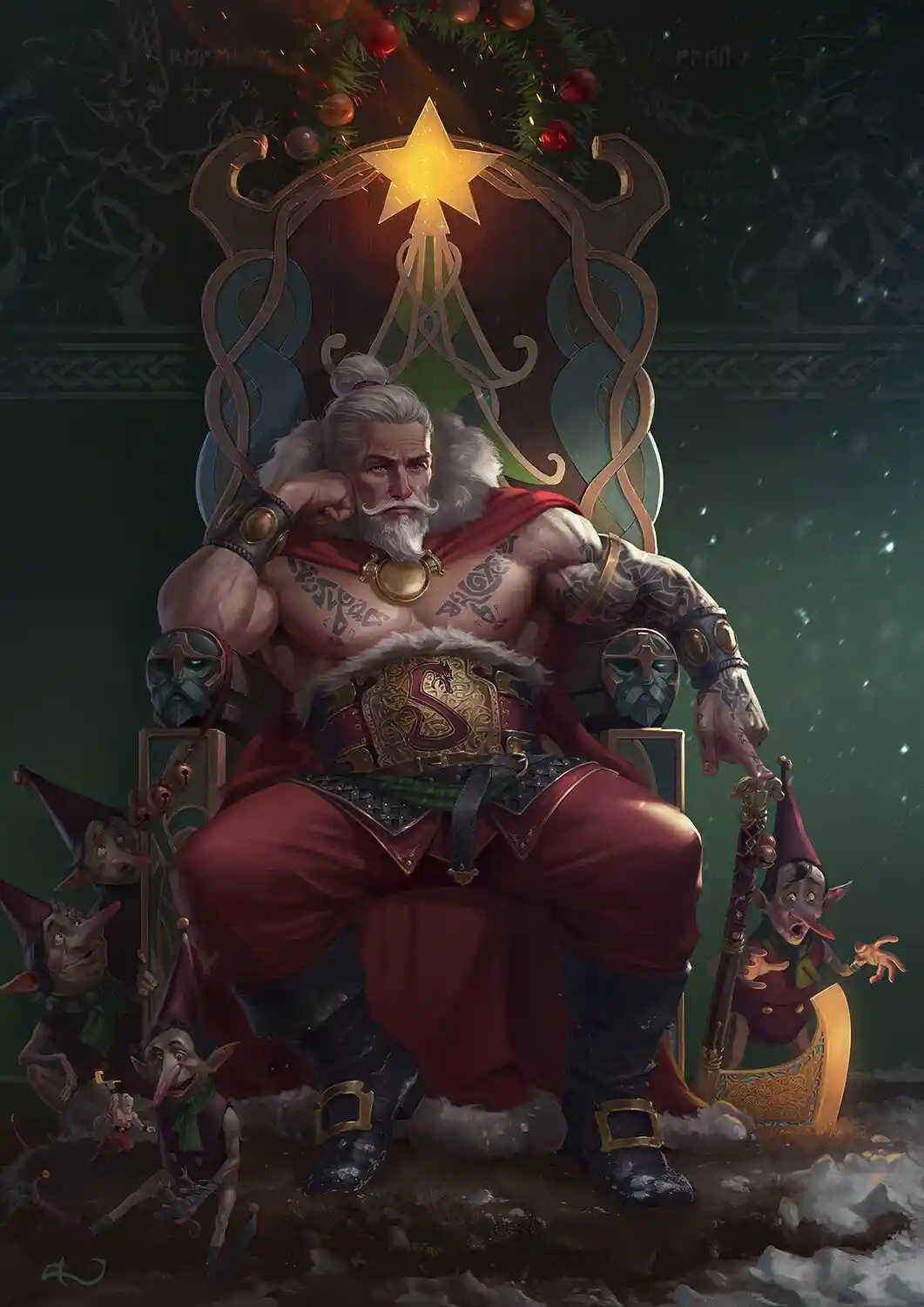 A muscular, tattooed Santa Claus with a red cape and fur-trimmed belt sits on an ornate throne topped with a glowing star…