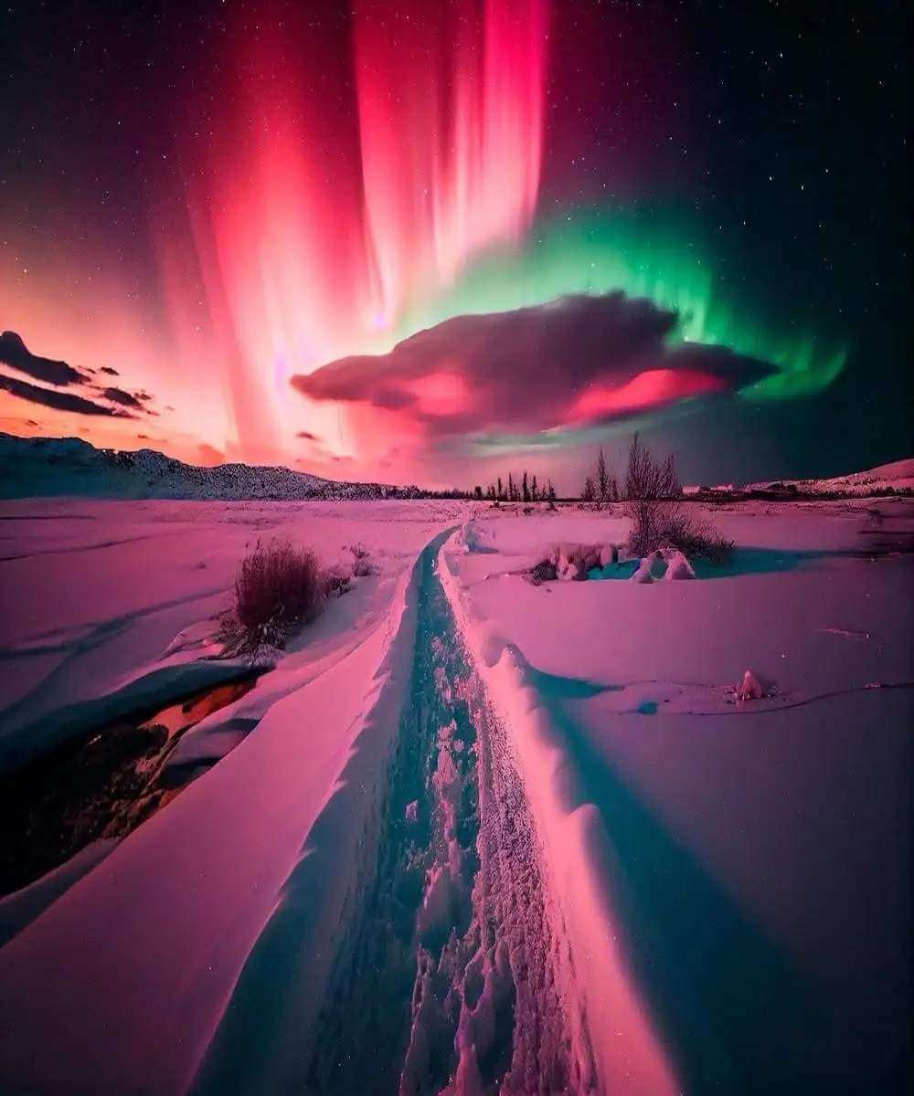 A stunning photograph of a snowy landscape under a vibrant aurora borealis, with pink and green lights dancing across the…
