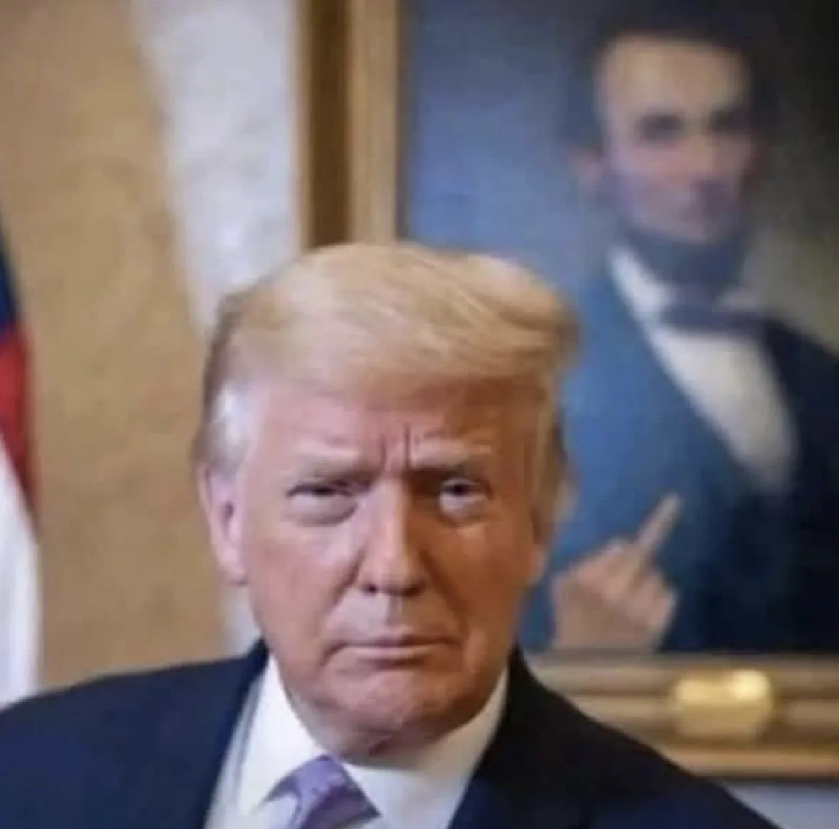 a photo of donald trump with a stern expression, behind him is a blurred portrait of abraham lincoln pointing a finger. the…