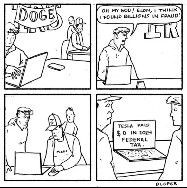 A four-panel comic strip shows two men at computers. In the first panel, one man types while a banner reads 'DOGE'. In the…
