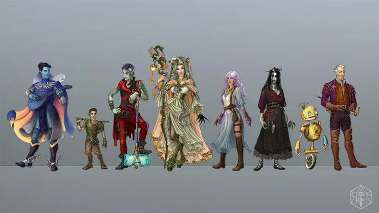 A lineup of seven diverse fantasy characters, including a blue-skinned bard, a green-skinned warrior, a regal woman in…